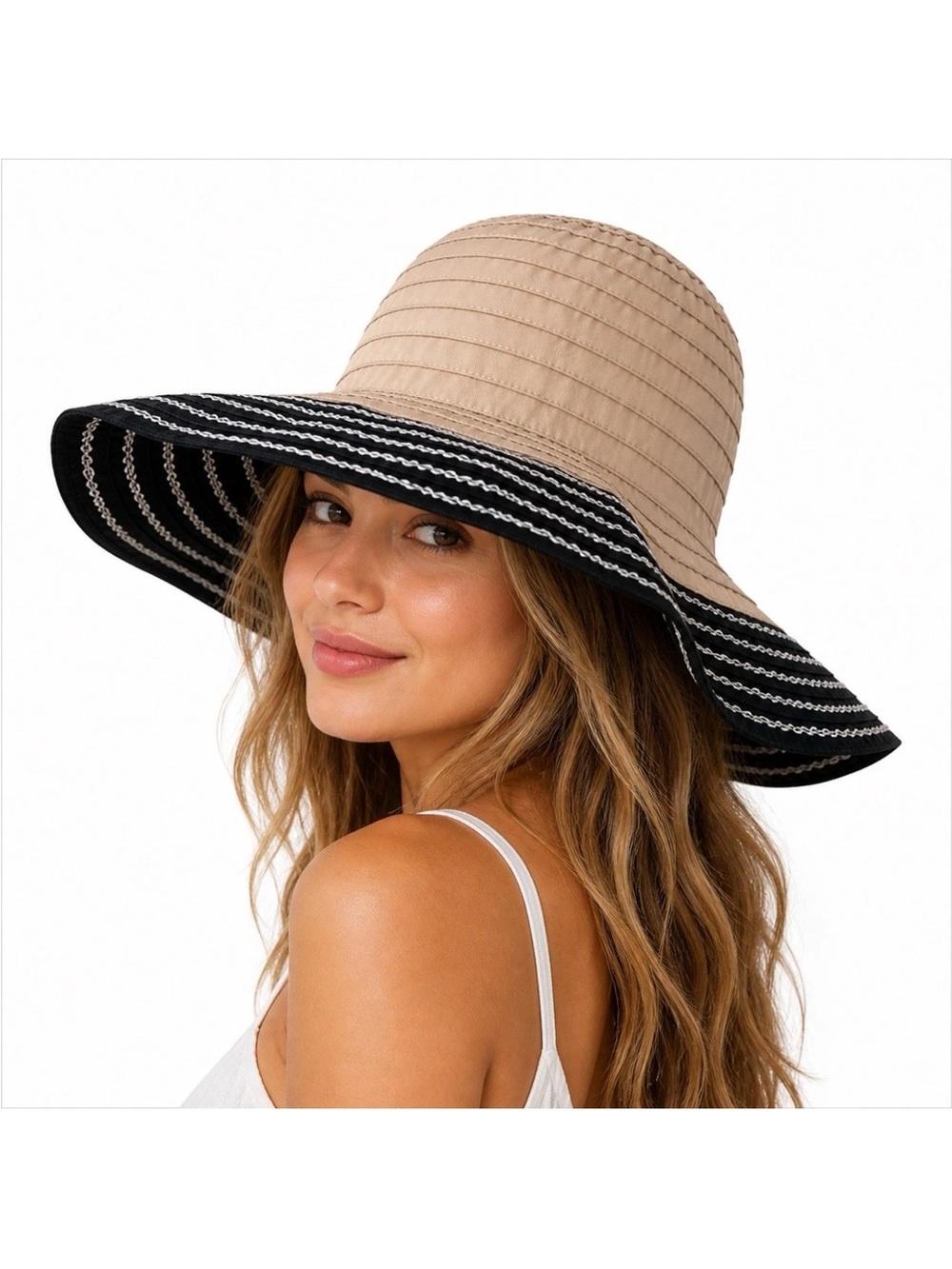 Wide Brim Sun Hat Packable Floppy Beach Bucket Beige Black Trim Crushable